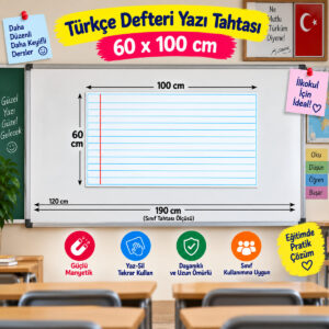 Düz çizgili Türkçe Defteri Tahta Magneti – 60x100 cm Çizgili – Yaz Sil Tekrar Kullan