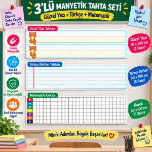Güzel Yazı Matematik ve Türkçe Tahta Magneti 3'lü set – 30x100 cm Güzel yazı & Çizgili & Kareli – Yaz Sil Tekrar Kullan