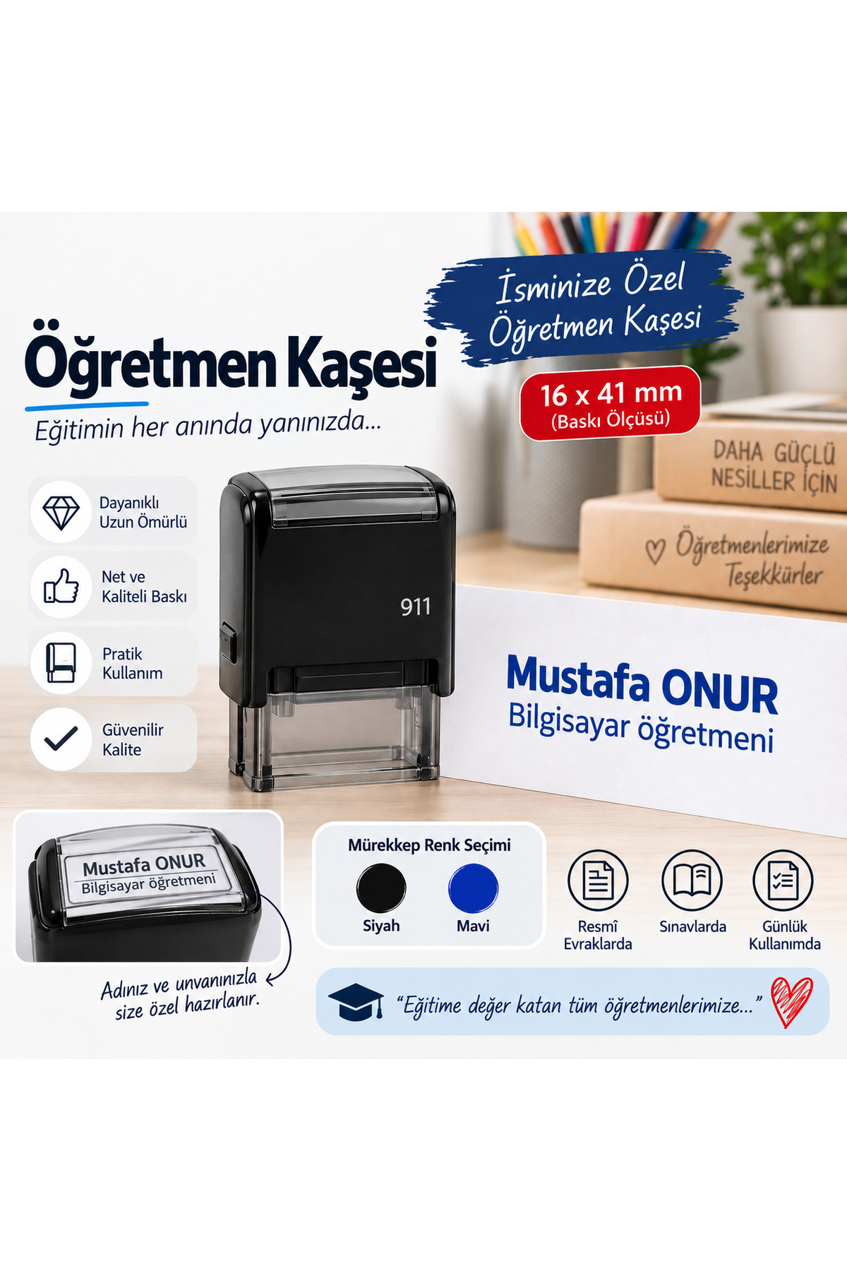 Kişiye Özel Öğretmen Kaşesi - isim ve branş yazılı otomatik kaşe - siyah ve mavi mürekkep seçimi