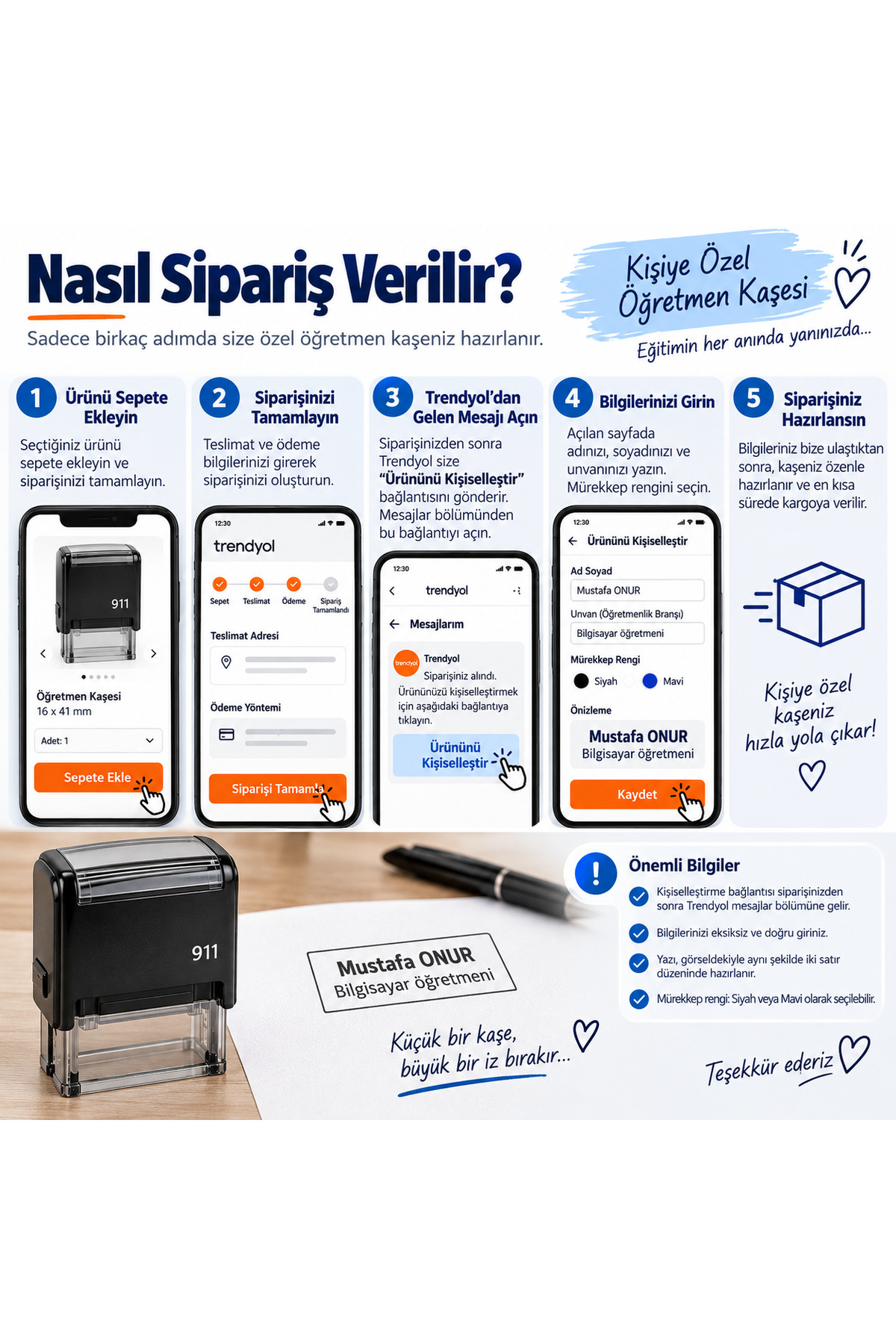 Kişiye Özel Öğretmen Kaşesi - isim ve branş yazılı otomatik kaşe - siyah ve mavi mürekkep seçimi - Görsel 2