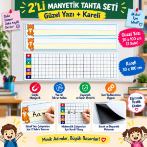 Güzel Yazı ve Matematik Tahta Magneti 2’li – 30x100 cm Çizgili & Kareli – Yaz Sil Tekrar Kullan