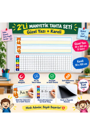 Güzel Yazı ve Matematik Tahta Magneti 2’li – 30x100 cm Çizgili & Kareli – Yaz Sil Tekrar Kullan