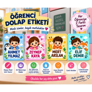 Kişiye Özel Öğrenci Dolap Etiketi 6x9 cm – 25 Öğrenciye Kadar – 50 Adet İsimli Sticker