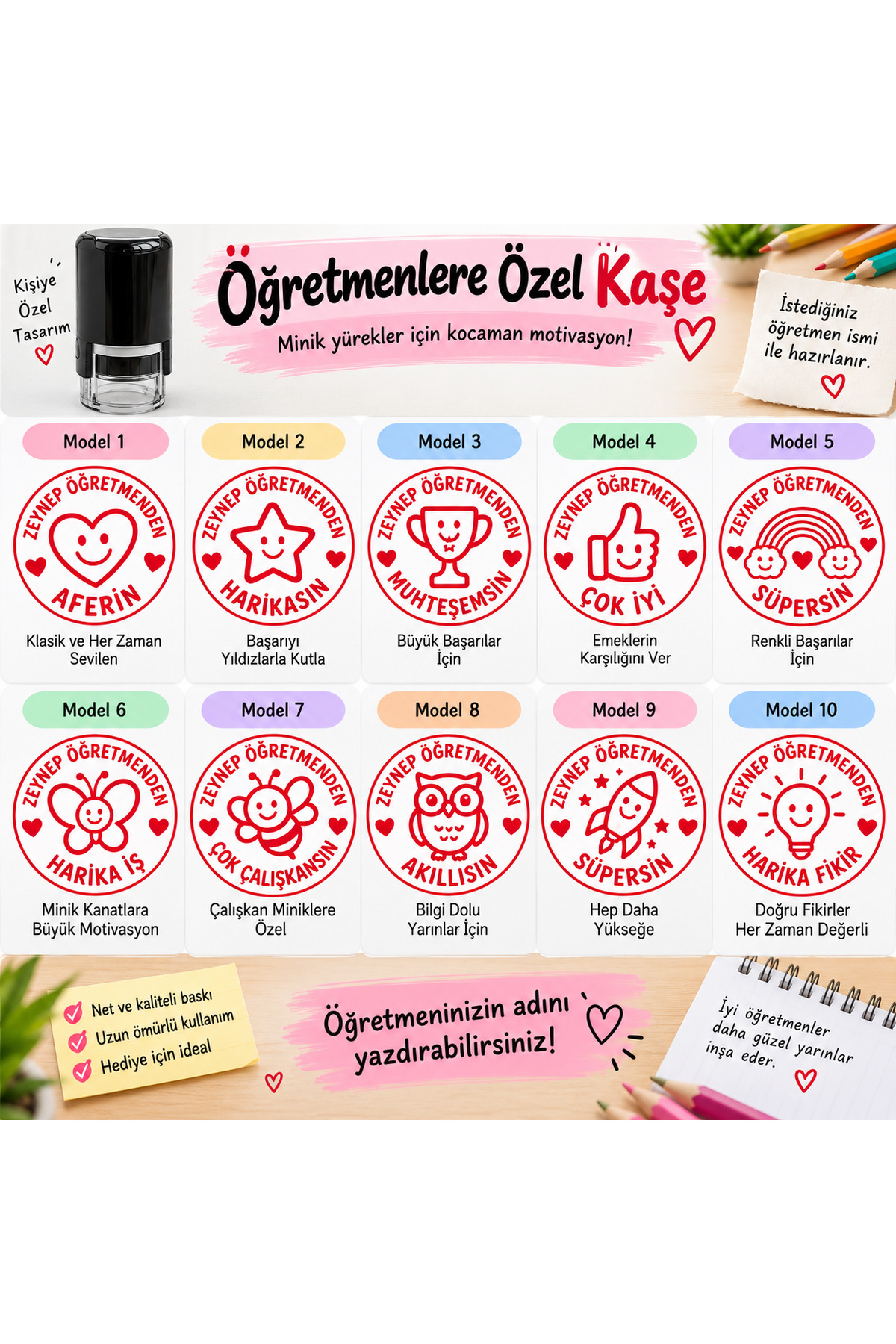 Kişiye Özel Öğretmen Kaşesi – İsimli Aferin ve Motivasyon Kaşesi – 10 Farklı Model-motivasyon etiketi hediyeli - Görsel 2