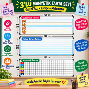 60x120 Güzel Yazı Matematik ve Türkçe Tahta Magneti 3'lü set – Güzel yazı & Çizgili & Kareli – Yaz Sil Tekrar Kullan